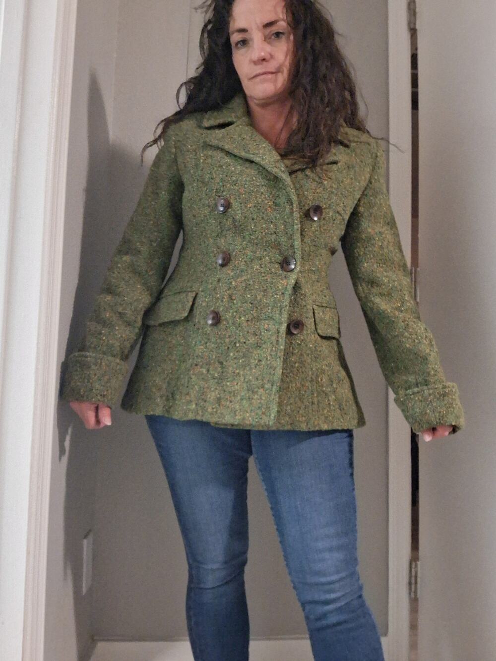 Vintage Y2K Moda International Green Tweed Wool Double Breasted Blazer Coat M